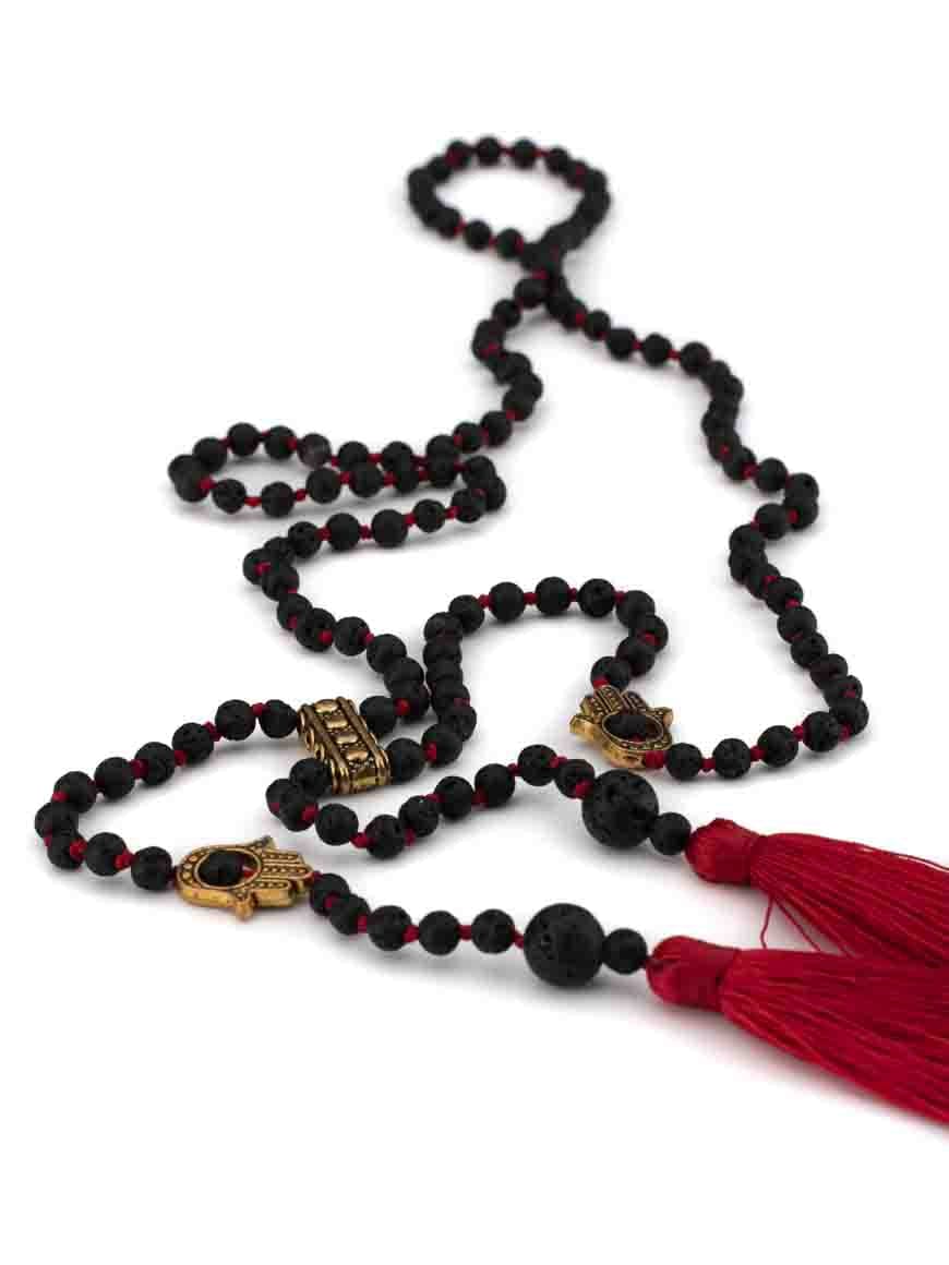 Bohemian Lava Stone Tassel Double Rosary Necklace