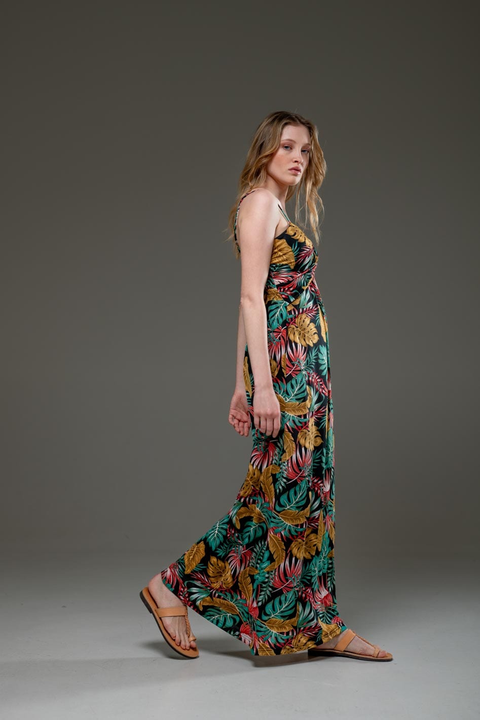 Casual Black Floral Print Streched Jersey Spaghetti Strap Long Dress