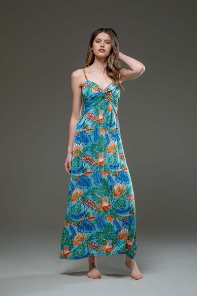 Casual Blue Floral Print Streched Jersey Spaghetti Strap Long Dress