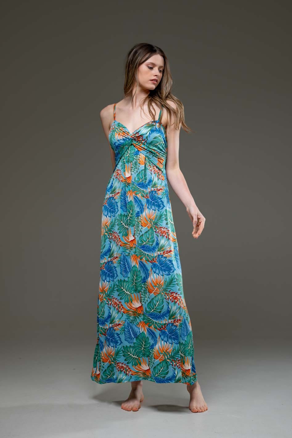 Casual Blue Floral Print Streched Jersey Spaghetti Strap Long Dress