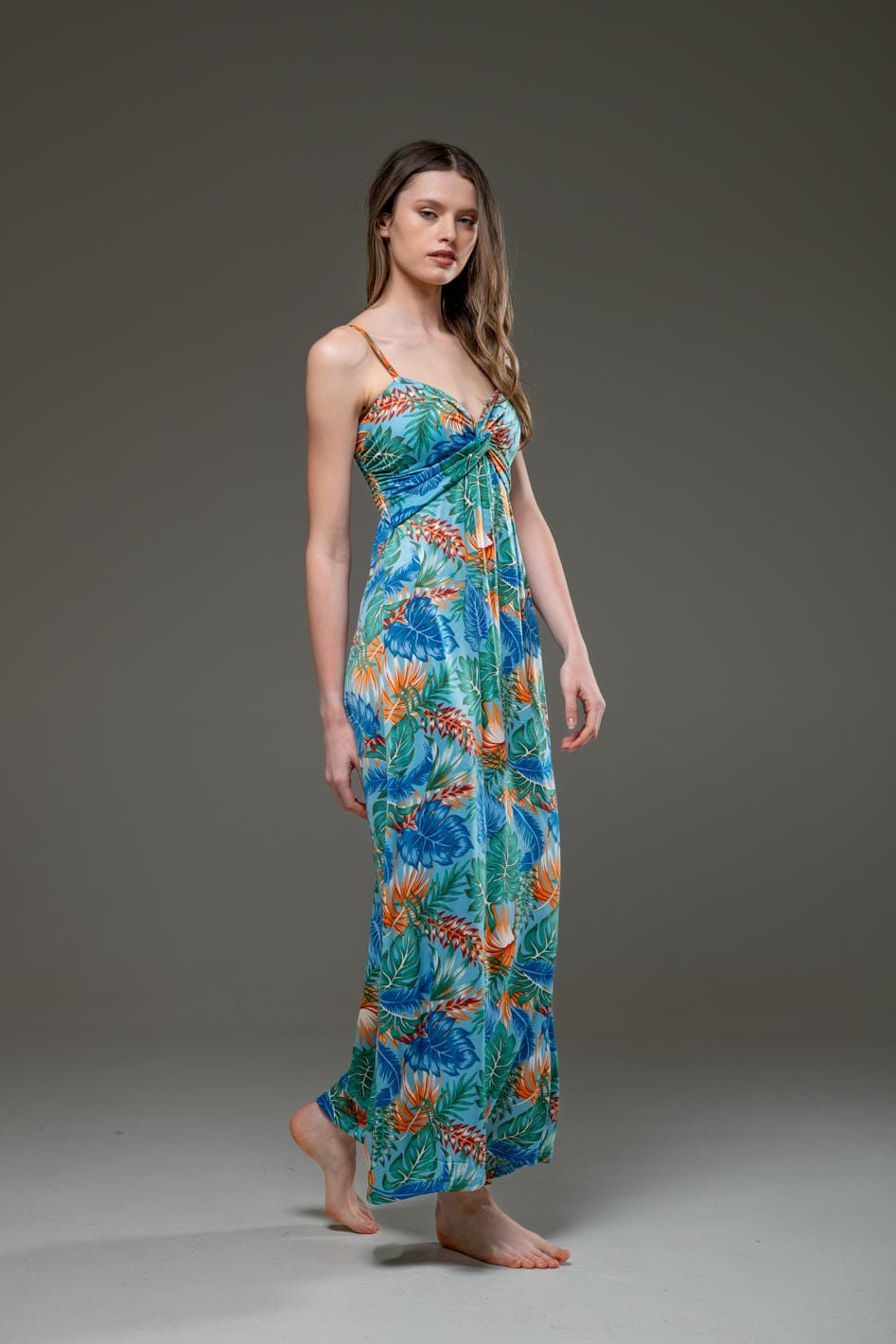 Casual Blue Floral Print Streched Jersey Spaghetti Strap Long Dress