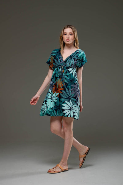 Casual Green Floral Print Streched Jersey Short Dress