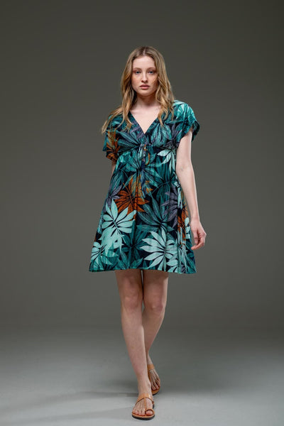 Casual Green Floral Print Streched Jersey Short Dress