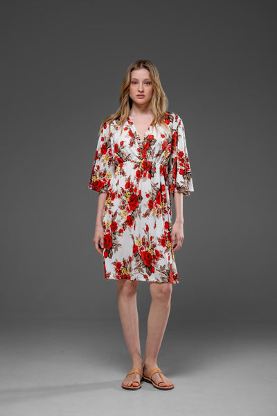 Casual White Floral Bell Half Sleeve V Neck Over The Knee Streched Jersey Dress