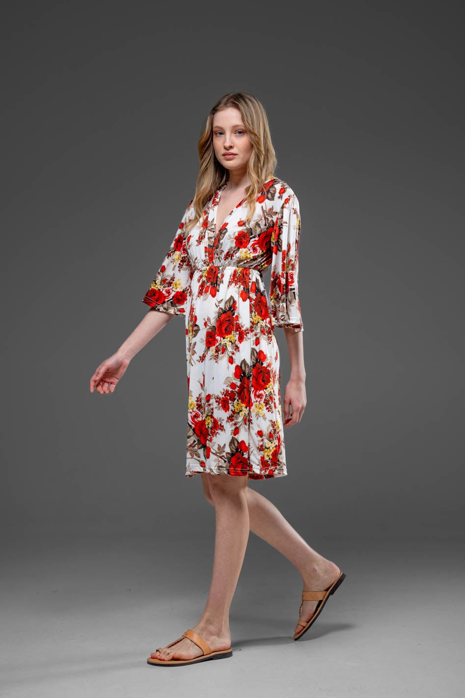 Casual White Floral Bell Half Sleeve V Neck Over The Knee Streched Jersey Dress