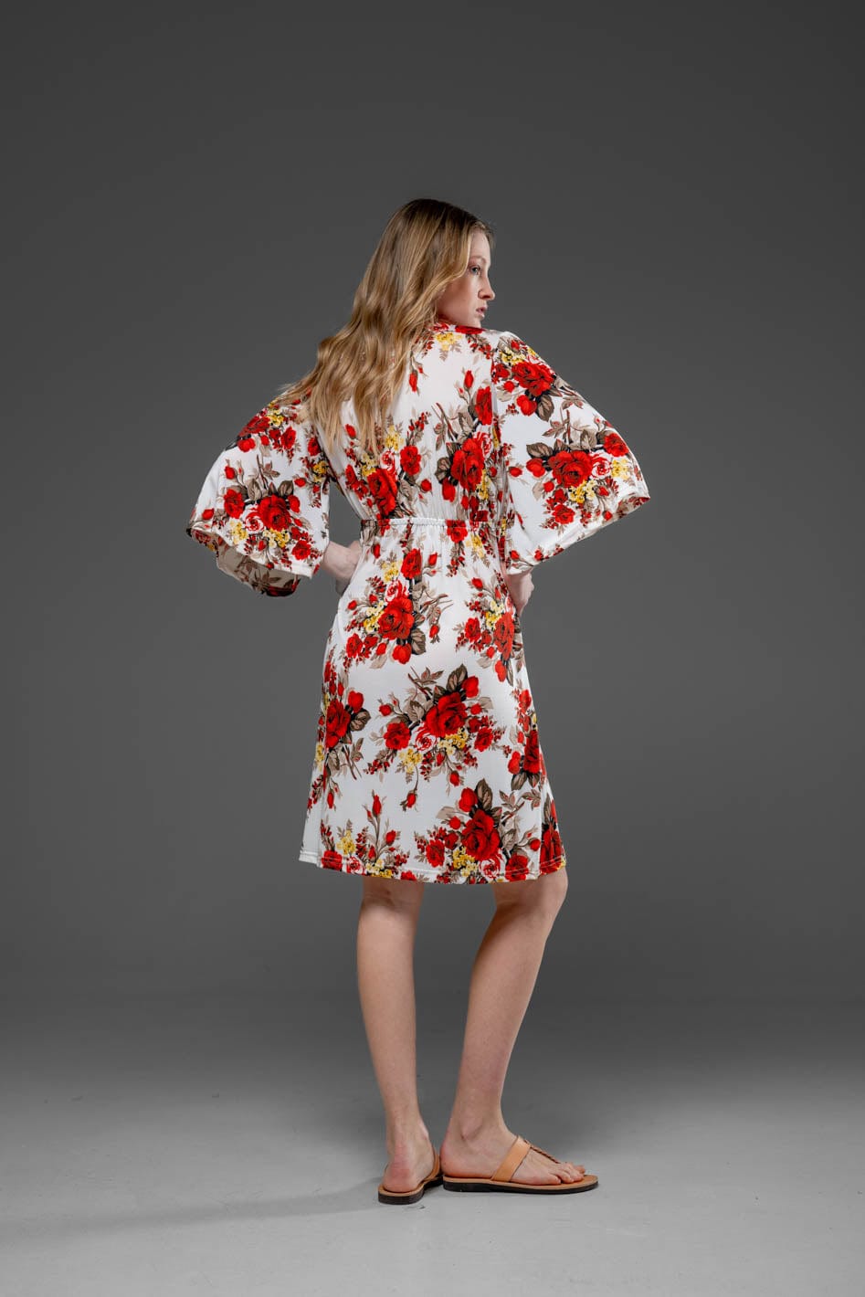 Casual White Floral Bell Half Sleeve V Neck Over The Knee Streched Jersey Dress