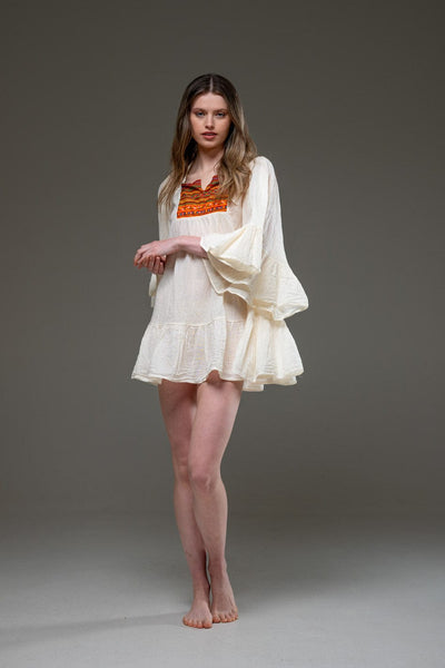 Off White Cotton Bell Sleeve Bohemian Camisa Short Dress