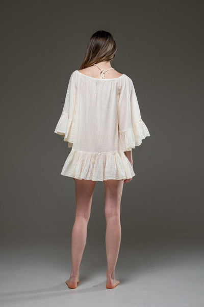 Off White Cotton Bell Sleeve Bohemian Camisa Short Dress