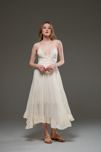 Off White Cream Organic Cotton V neckline Ruffled hemline Spaghetti Straps Smocked back Dress