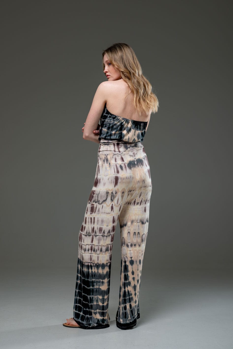 Tie Dye Jersey Elastic Fabric Halterneck Sleeveless Wide Leg Jumpsuit