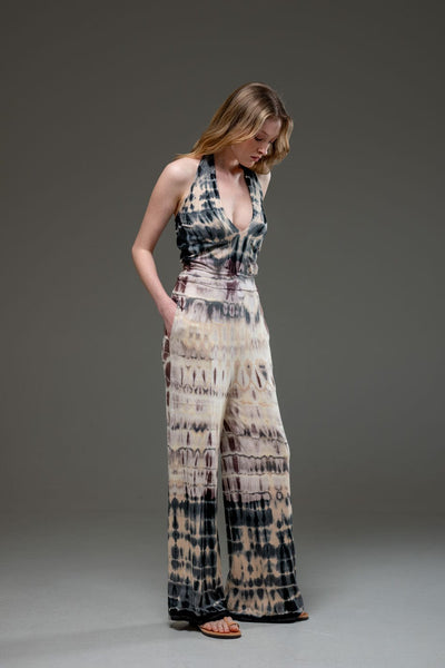 Tie Dye Jersey Elastic Fabric Halterneck Sleeveless Wide Leg Jumpsuit