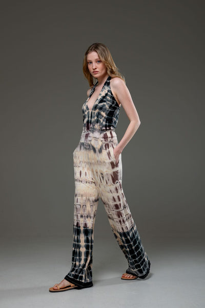 Tie Dye Jersey Elastic Fabric Halterneck Sleeveless Wide Leg Jumpsuit