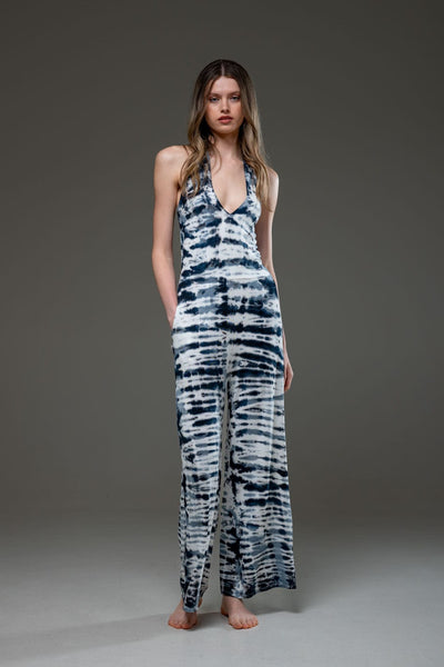 Tie Dye Jersey Elastic Fabric Halterneck Wide Leg Jumpsuit