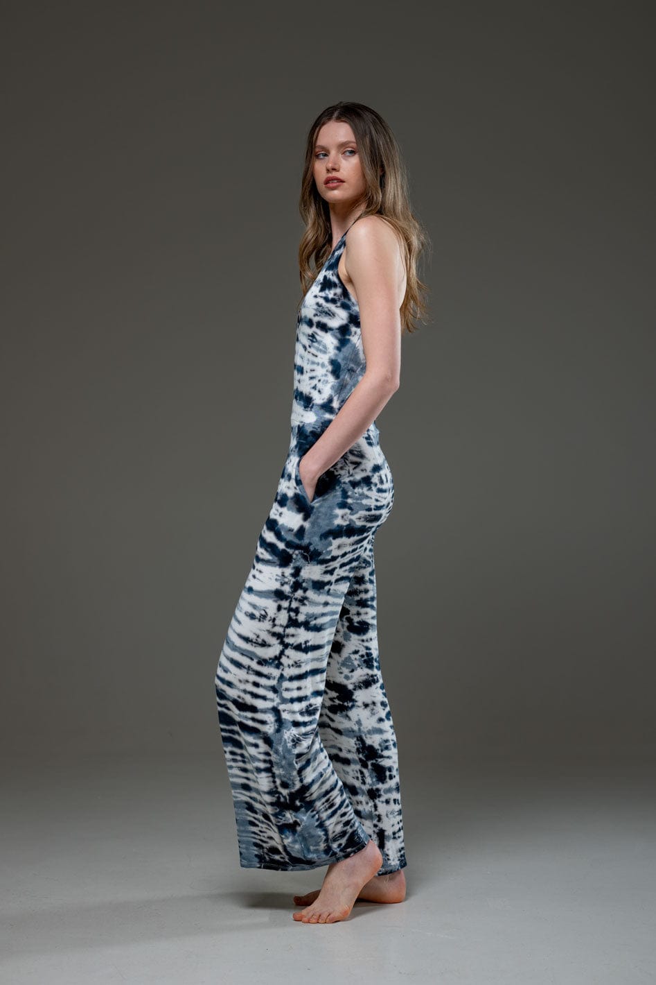 Tie Dye Jersey Elastic Fabric Halterneck Wide Leg Jumpsuit