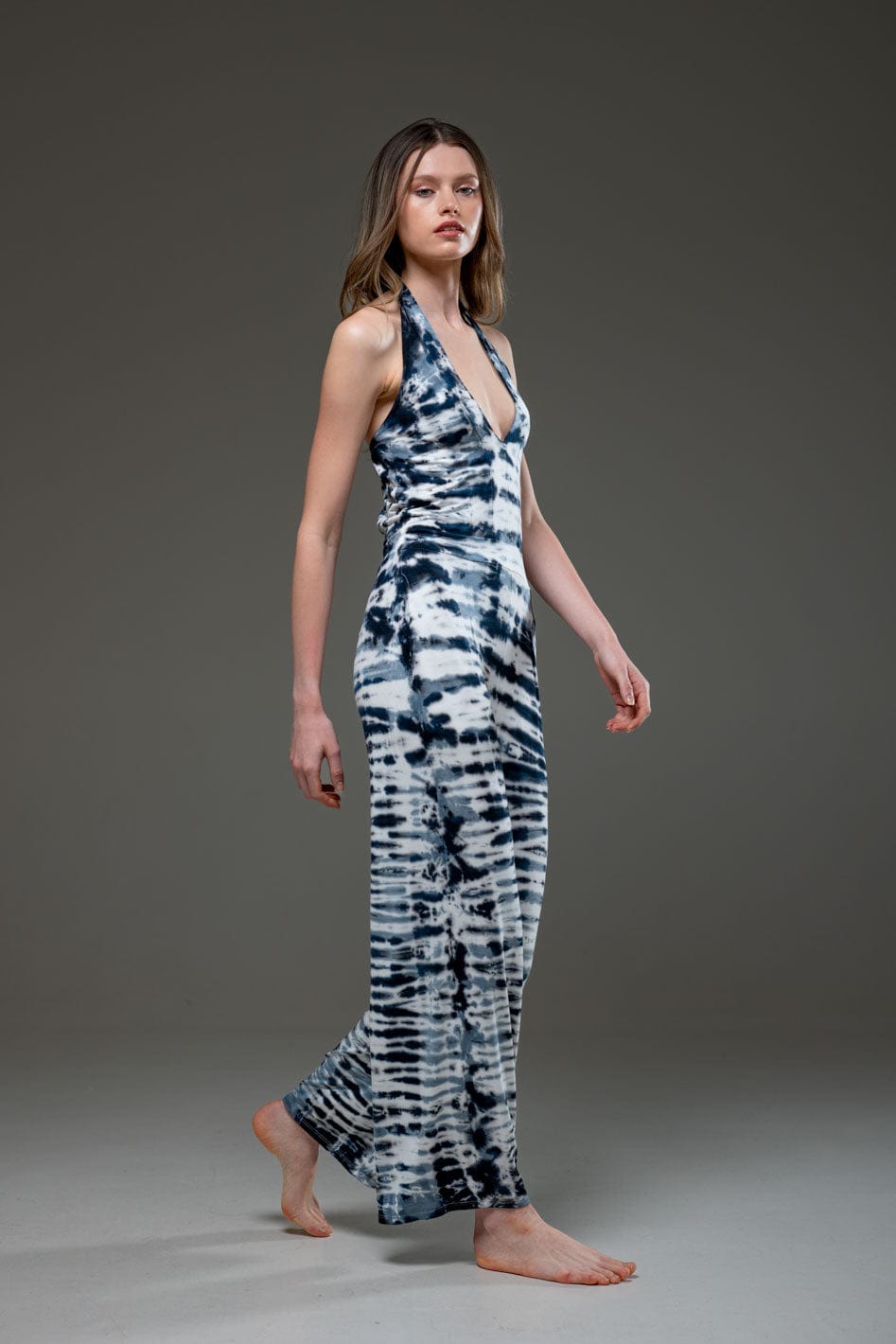 Tie Dye Jersey Elastic Fabric Halterneck Wide Leg Jumpsuit