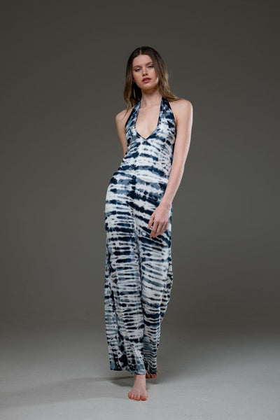 Tie Dye Jersey Elastic Fabric Halterneck Wide Leg Jumpsuit