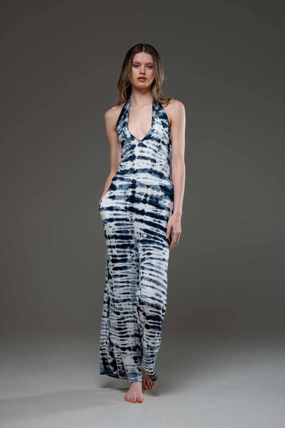 Tie Dye Jersey Elastic Fabric Halterneck Wide Leg Jumpsuit