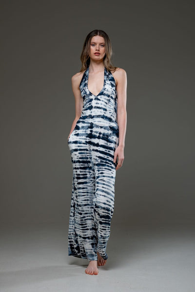 Tie Dye Jersey Elastic Fabric Halterneck Wide Leg Jumpsuit