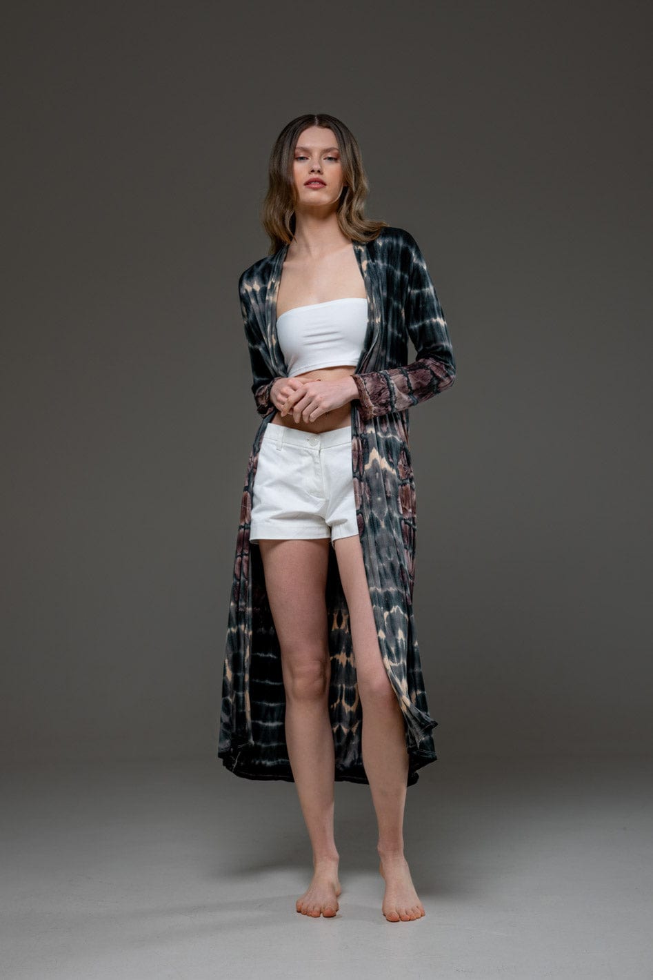 Beige Grey elastic fabric hand tie dye long Open Jacket 