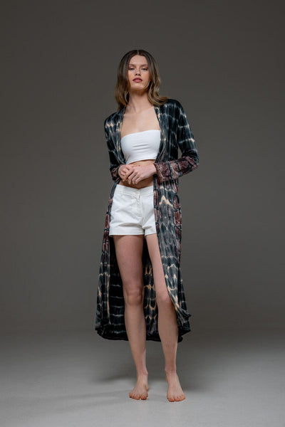 Beige Grey elastic fabric hand tie dye long Open Jacket 