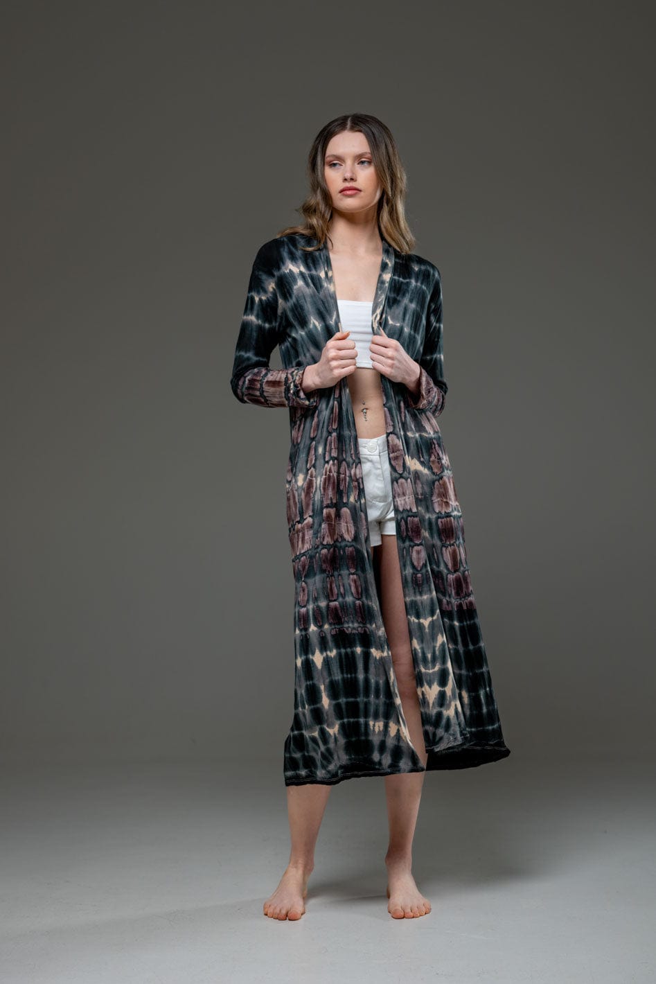 Beige Grey elastic fabric hand tie dye long Open Jacket 