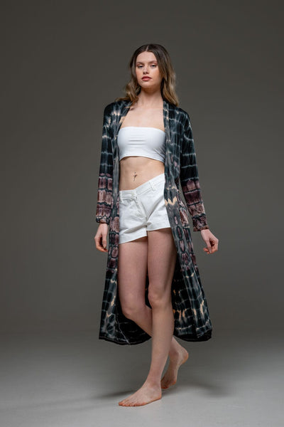 Beige Grey elastic fabric hand tie dye long Open Jacket 