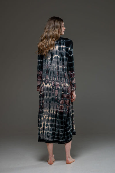 Beige Grey elastic fabric hand tie dye long Open Jacket 