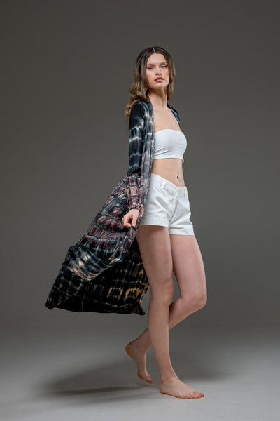 Beige Grey elastic fabric hand tie dye long Open Jacket 