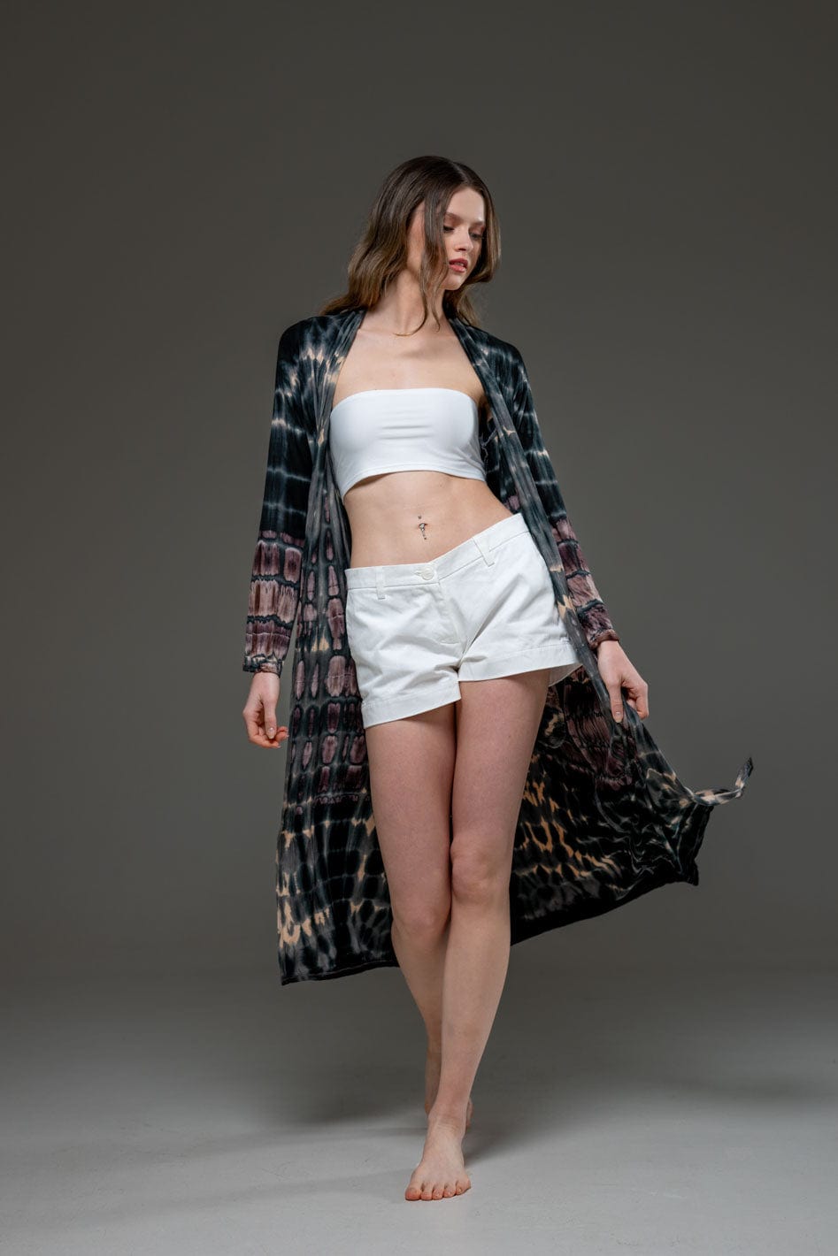 Beige Grey elastic fabric hand tie dye long Open Jacket 