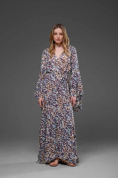 Elegant Chic Mixed Colors Leopard Print Rayon Wrap Self Tied Bohemian Long Dress