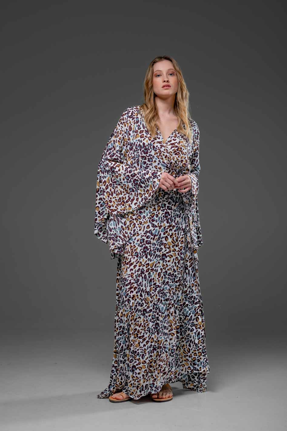 Elegant Chic Mixed Colors Leopard Print Rayon Wrap Self Tied Bohemian Long Dress