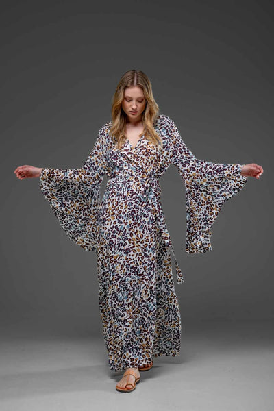 Elegant Chic Mixed Colors Leopard Print Rayon Wrap Self Tied Bohemian Long Dress