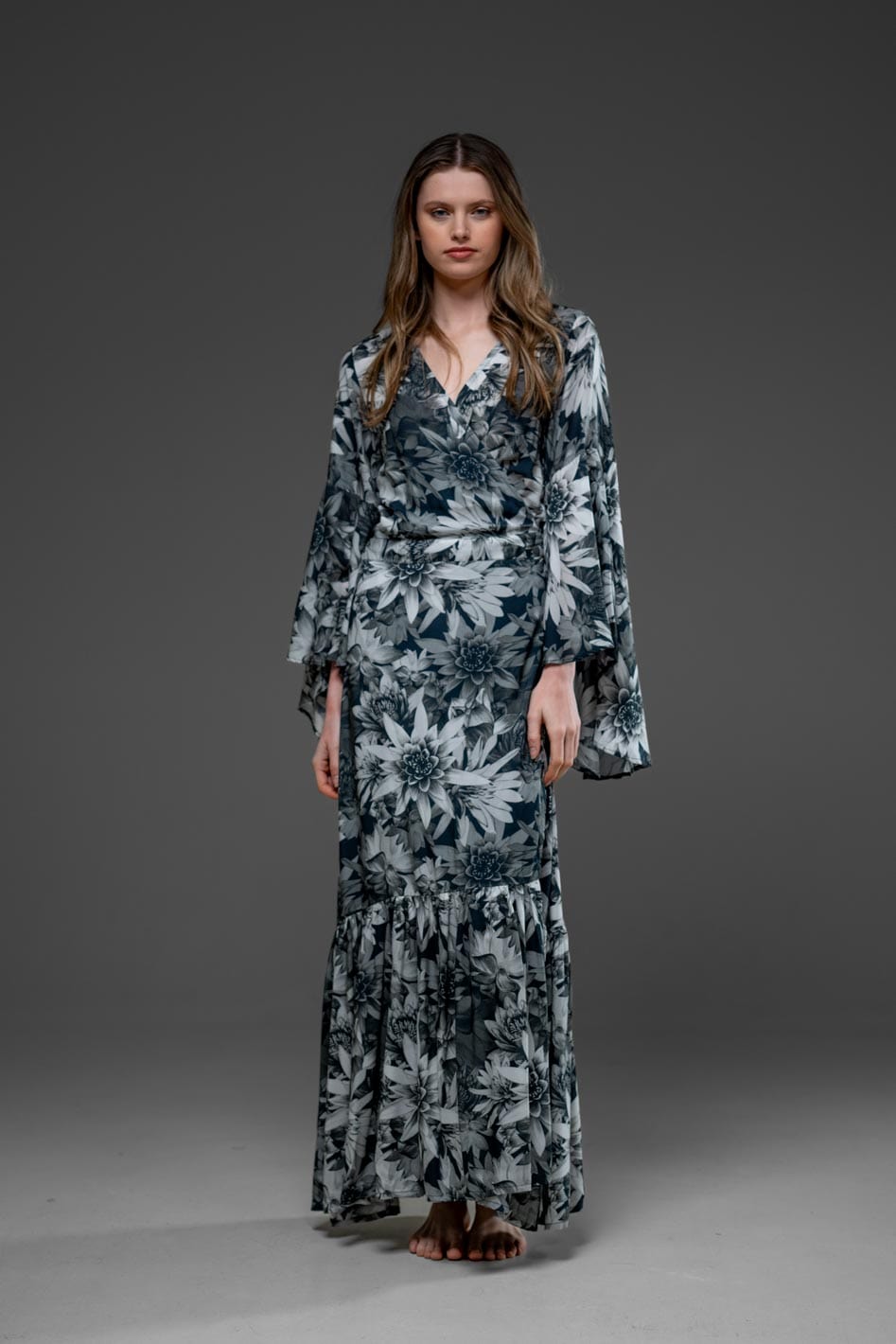 Elegant Dark Lotus Digital Print Rayon Wrap Self Tied Bohemian Long Dress