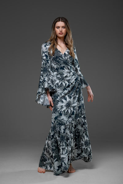 Elegant Dark Lotus Digital Print Rayon Wrap Self Tied Bohemian Long Dress
