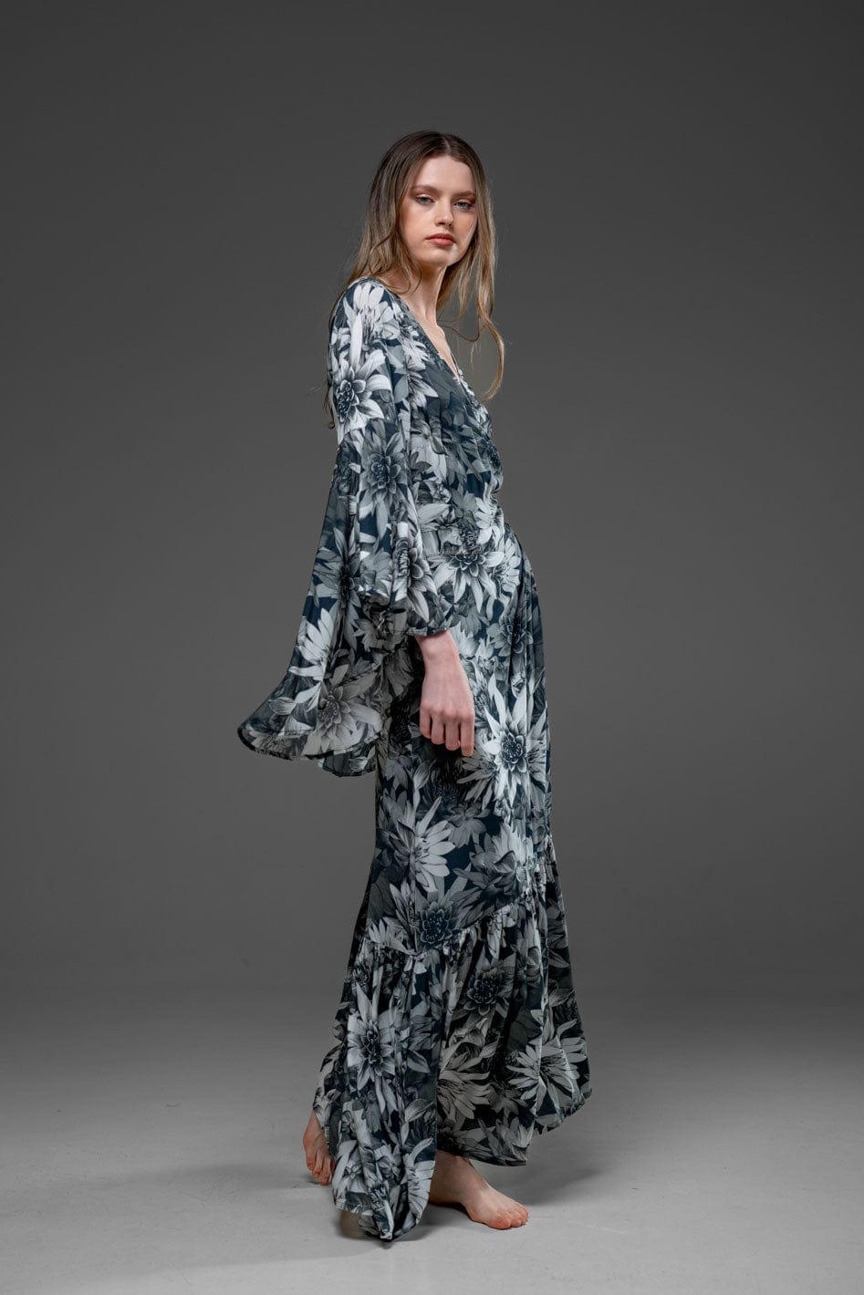 Elegant Dark Lotus Digital Print Rayon Wrap Self Tied Bohemian Long Dress