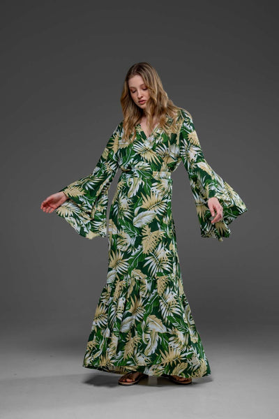 Elegant Green Leaf Print Rayon Wrap Self Tied Bohemian Long Dress