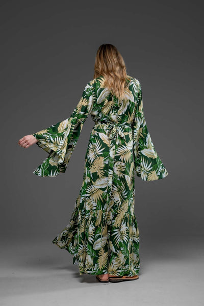 Elegant Green Leaf Print Rayon Wrap Self Tied Bohemian Long Dress