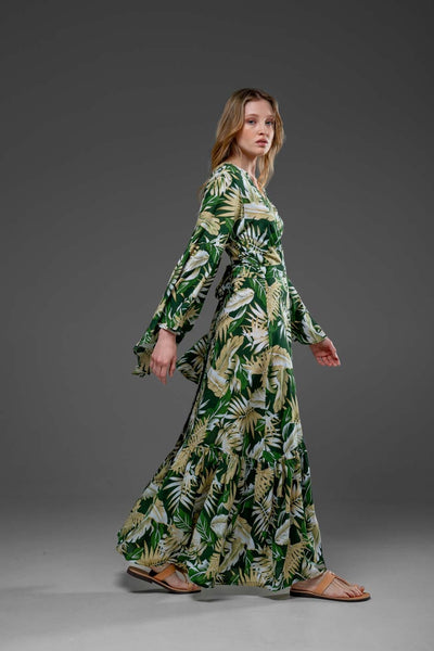 Elegant Green Leaf Print Rayon Wrap Self Tied Bohemian Long Dress