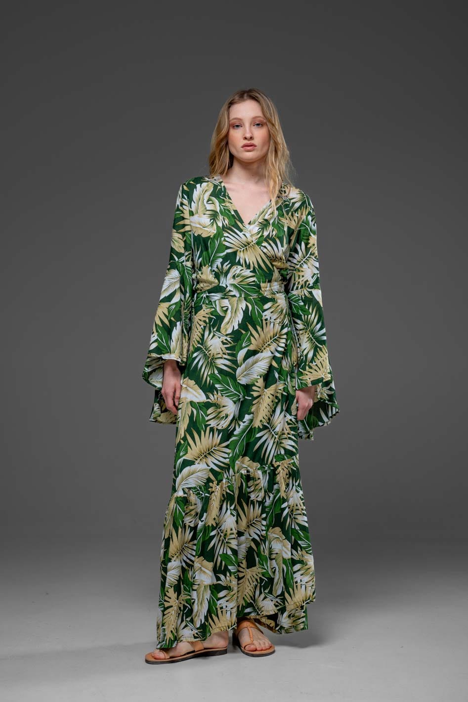 Elegant Green Leaf Print Rayon Wrap Self Tied Bohemian Long Dress