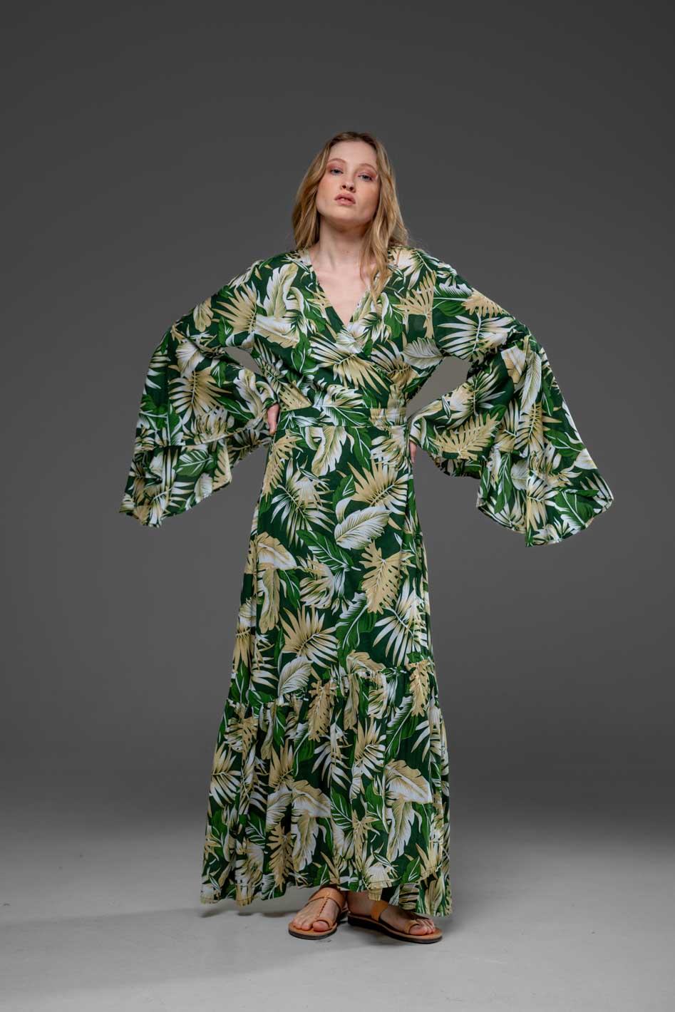 Elegant Green Leaf Print Rayon Wrap Self Tied Bohemian Long Dress