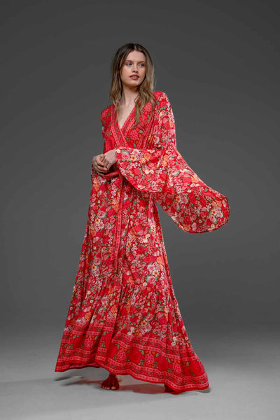 Elegant Red Flower Border Print Rayon Wrap Self Tied Bohemian Long Dress