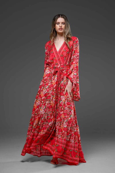 Elegant Red Flower Border Print Rayon Wrap Self Tied Bohemian Long Dress