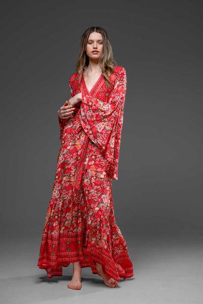 Elegant Red Flower Border Print Rayon Wrap Self Tied Bohemian Long Dress