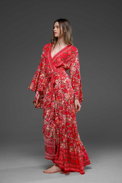 Elegant Red Flower Border Print Rayon Wrap Self Tied Bohemian Long Dress