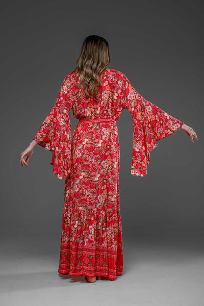 Elegant Red Flower Border Print Rayon Wrap Self Tied Bohemian Long Dress