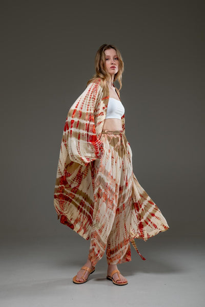 Elegant  Soft  Rayon Beige red artistic tie dye Pant & Long Kimono Set