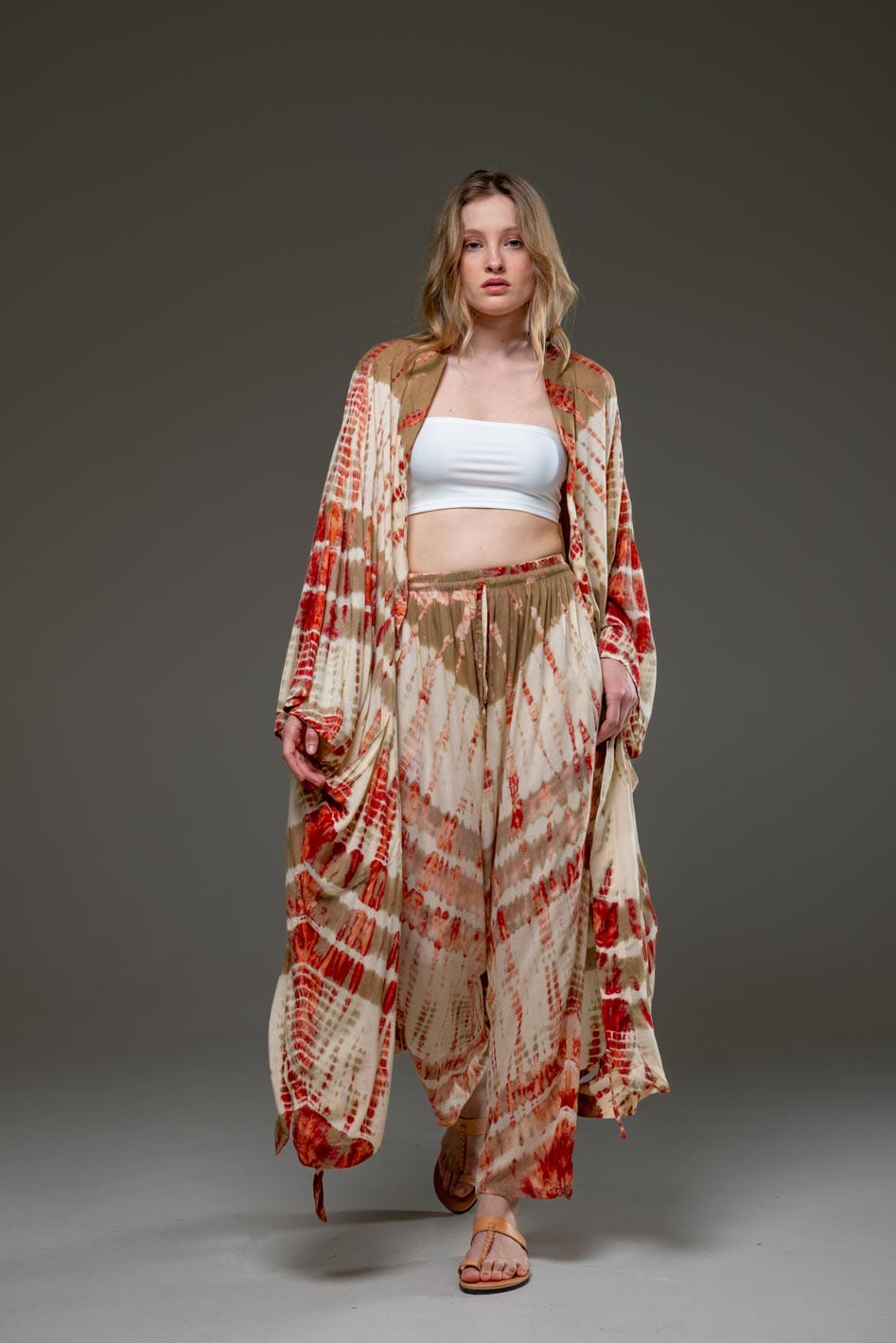 Soft  Rayon beige red tie dye Long Kimono 