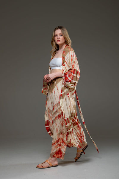 Elegant  Soft  Rayon Beige red artistic tie dye Pant & Long Kimono Set