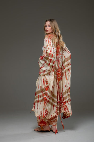 Elegant  Soft  Rayon Beige red artistic tie dye Pant & Long Kimono Set