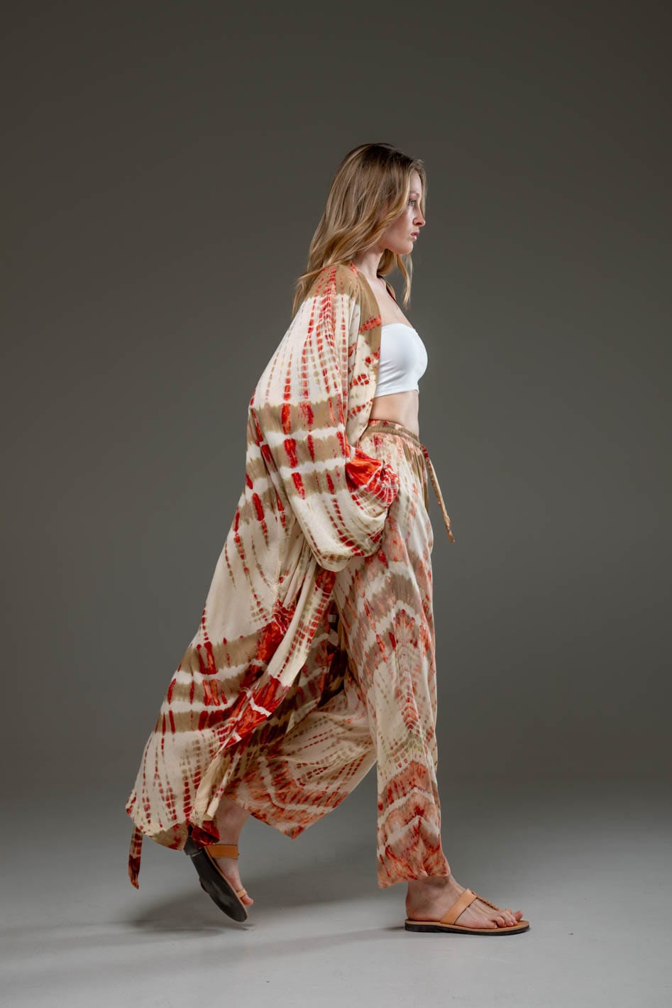 Elegant  Soft  Rayon Beige red artistic tie dye Pant & Long Kimono Set